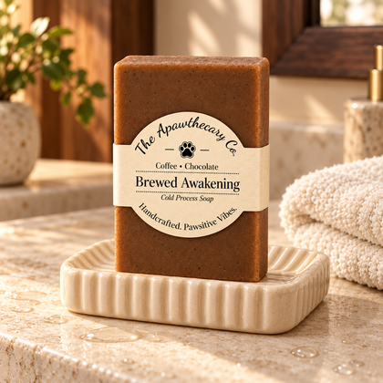 Brewed Awakening soap on a warm cream ceramic dish