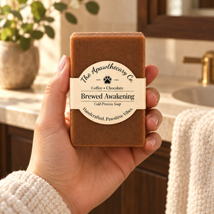 Brewed Awakening coffee and chocolate soap held in a warm bathroom