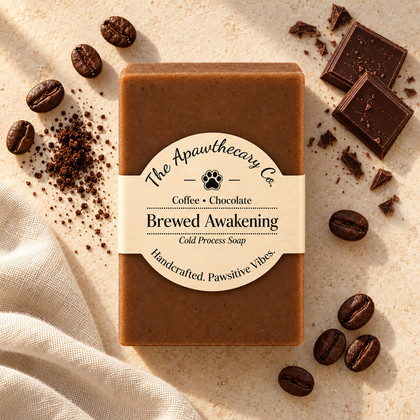 Brewed Awakening soap styled with coffee beans and dark chocolate