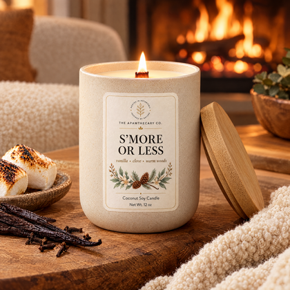 S’More or Less candle in an elevated fireside setting
