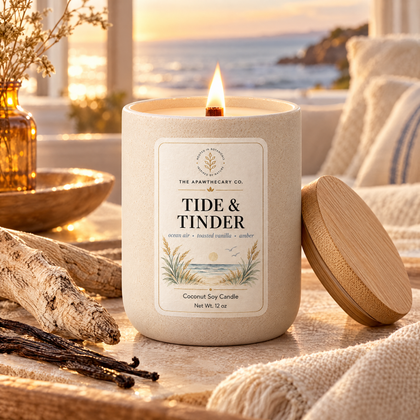 Tide & Tinder candle in a golden-hour coastal living room