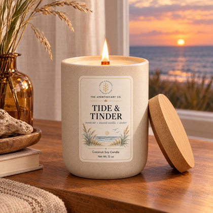 Tide & Tinder candle in a coastal dusk setting