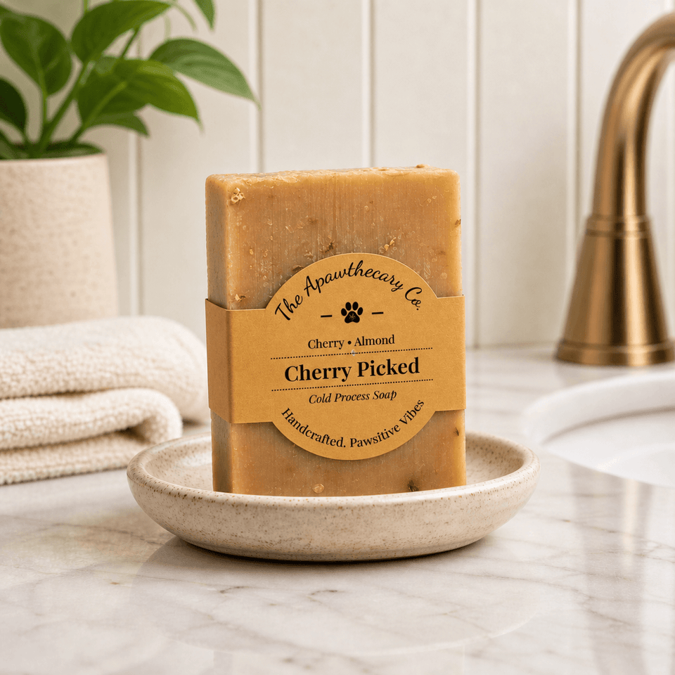 Cherry Picked - Standard Cold Process Soap - Cherry & Almond Scented on a soap dish with neutral decor.