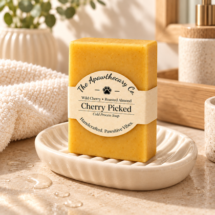 Cherry Picked soap on a warm white draining dish