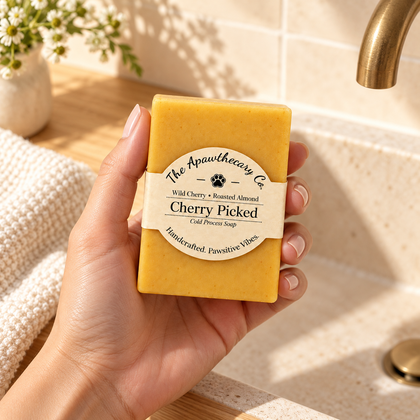 Cherry Picked soap held beside a bright stone sink