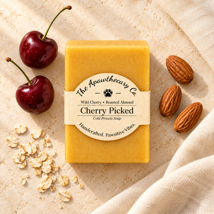 Cherry Picked soap styled with cherries, roasted almonds and oats