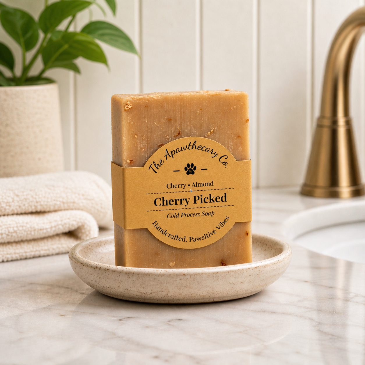 Cherry Picked - Standard Cold Process Soap - Cherry & Almond Scented on a soap dish with neutral decor.