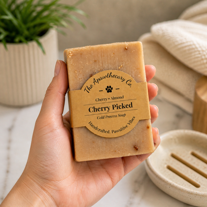 Cherry Picked - Standard Cold Process Soap - Cherry & Almond Scented held in hand with a natural background.