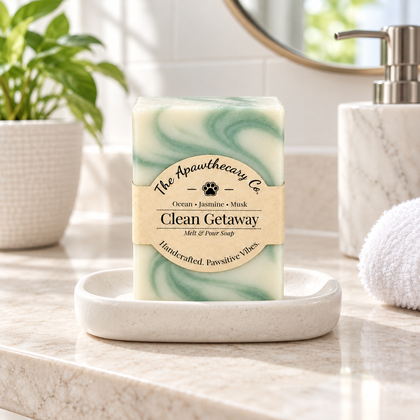 Clean Getaway soap on a bright modern bathroom vanity