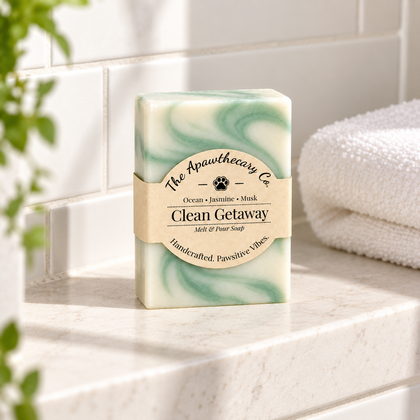 Clean Getaway soap on a bright dry shower shelf