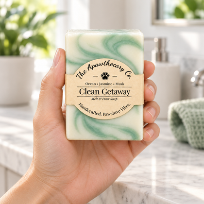 Clean Getaway soap held in hand in a bright bathroom