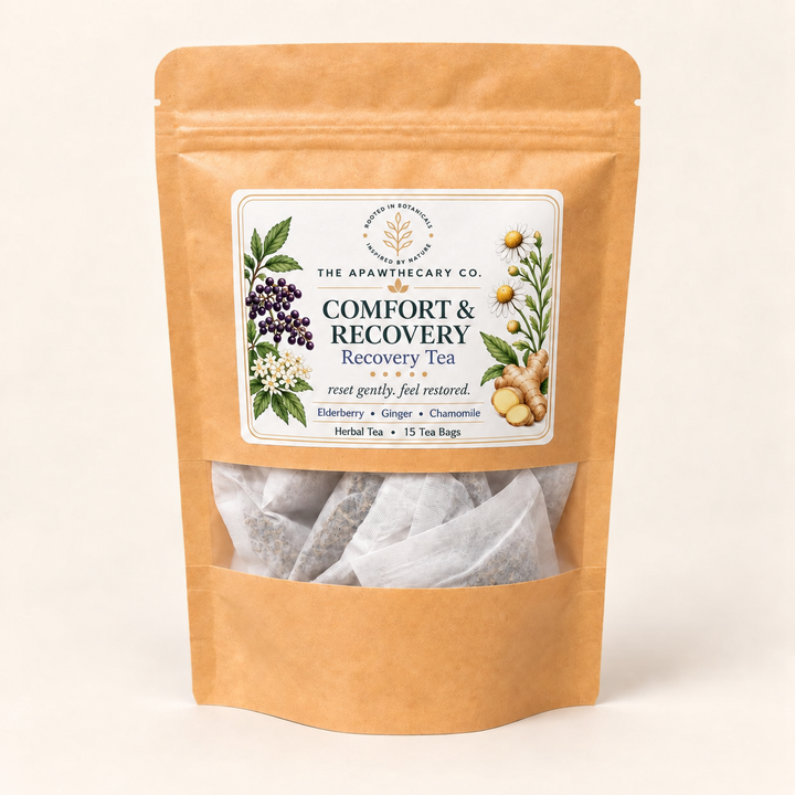 Comfort & Recovery herbal tea pouch labeled 15 tea bags.