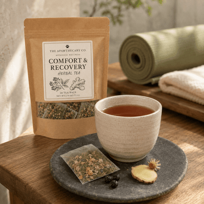 Comfort & Recovery herbal tea pouch with a brewed cup, tea sachet, ginger, and yoga props.