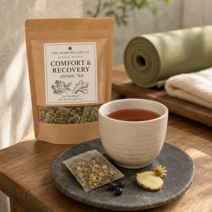 A stand-up pouch of The Apothecary Co. Comfort & Recovery Herbal Tea sits on a wooden table beside a cup of tea, a stone tray with a tea bag, ginger, and a flower, with a rolled mat and towel in the background.