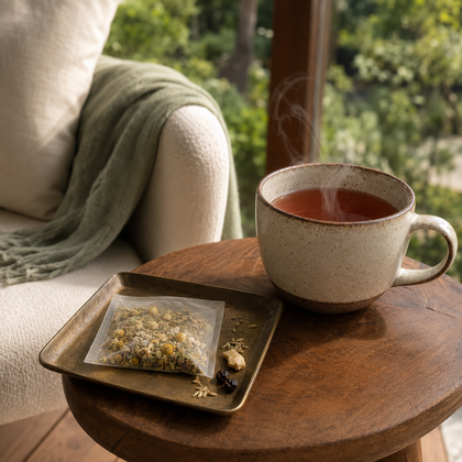 A ceramic cup of steaming tea sits on a wooden table beside a square tray holding a tea bag packet and loose tea ingredients, with a chair and greenery softly blurred in the background.