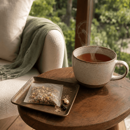 A ceramic cup of steaming tea sits on a wooden table beside a square tray holding a tea bag packet and loose tea ingredients, with a chair and greenery softly blurred in the background.