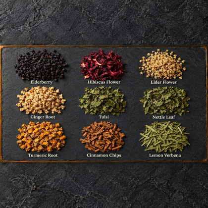 Defense Mode ingredients: elderberry, hibiscus, elder flower, ginger, tulsi, nettle, turmeric, cinnamon, and lemon verbena.