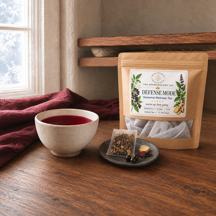 Defense Mode 15-bag herbal tea pouch beside a brewed red tea and filled tea sachet.