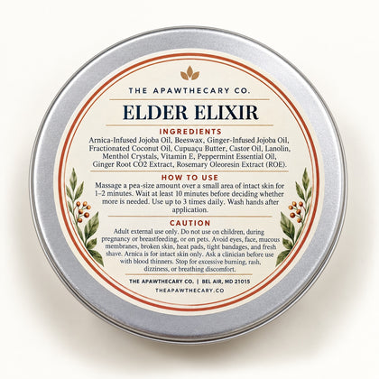 Elder Elixir 2 oz balm tin with ingredients, directions, and caution back label.