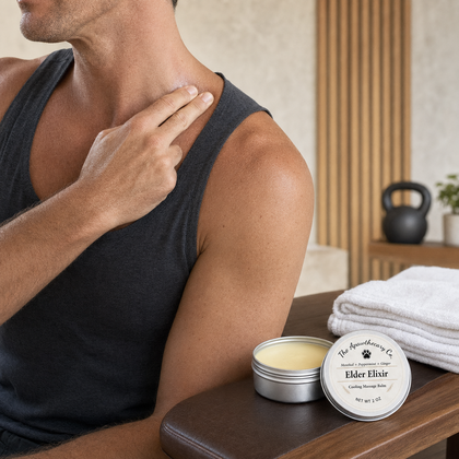 Man applying Elder Elixir cooling massage balm to his shoulder beside an open tin.