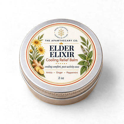 Elder Elixir 2 oz cooling massage balm tin with front label.