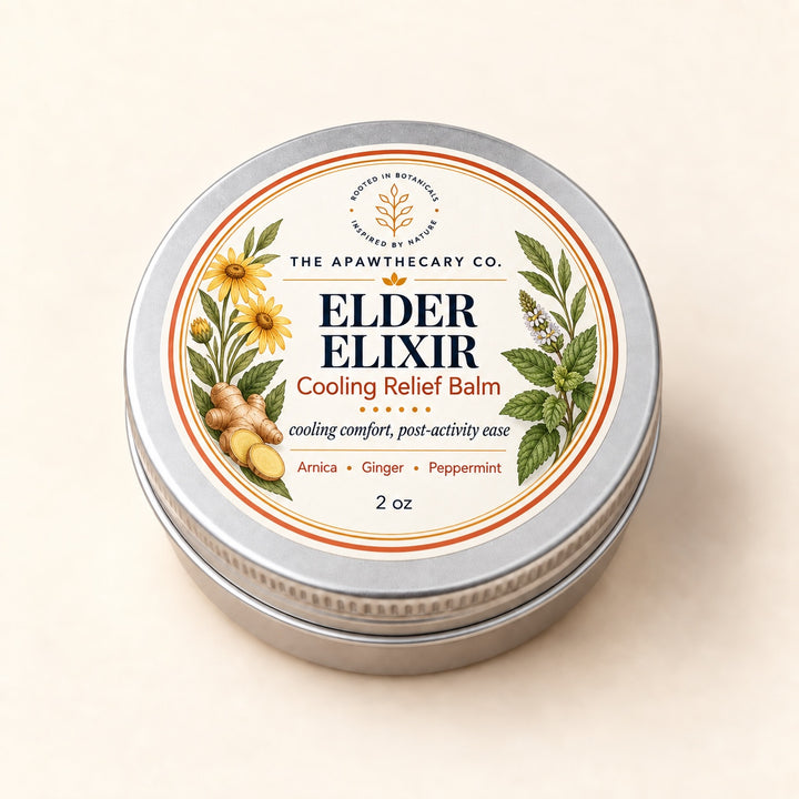 Elder Elixir 2 oz cooling massage balm tin with front label.