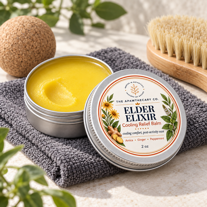 Elder Elixir open balm tin on a recovery table with a massage ball and towel.