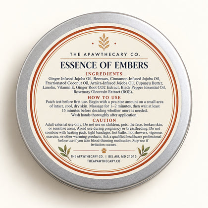 Essence of Embers 2 oz salve tin with ingredients, directions, and caution back label.