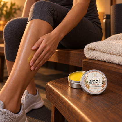 Palm-sized Essence of Embers 2 oz salve tin beside a post-workout calf application.