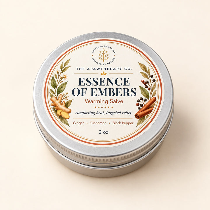 Essence of Embers 2 oz warming salve tin with front label.