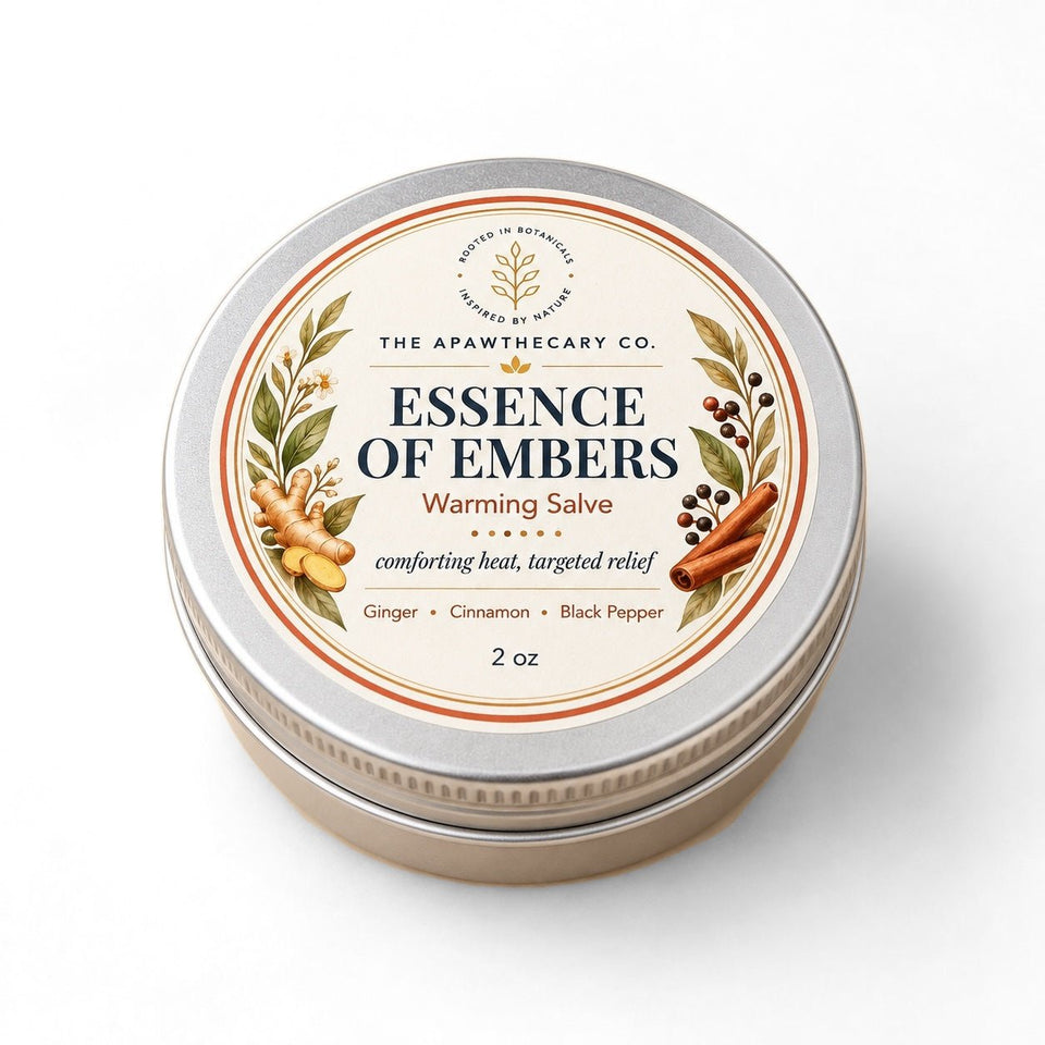 Essence of Embers 2 oz warming salve tin with front label.