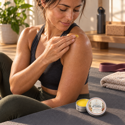Palm-sized Essence of Embers 2 oz salve tin beside an adult applying salve to a shoulder.