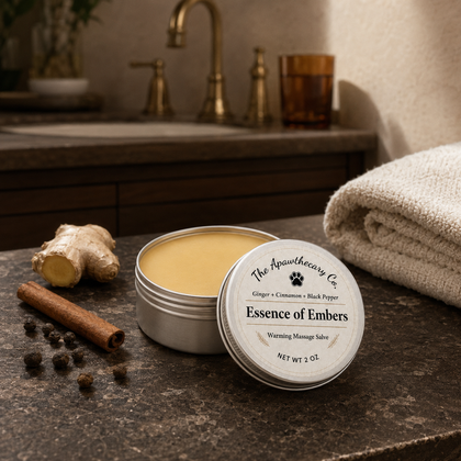 Open Essence of Embers salve beside ginger, cinnamon, peppercorns, and folded towels.