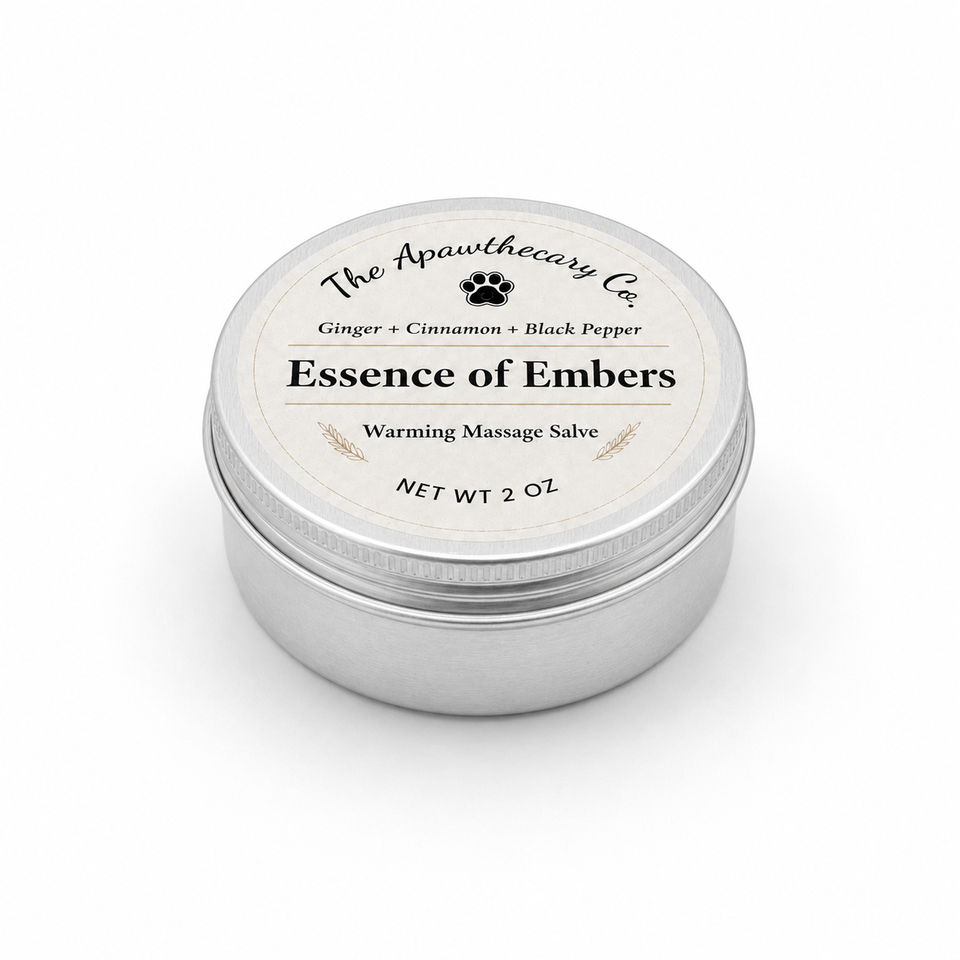 Closed 2 oz tin of Essence of Embers warming massage salve on a white background.