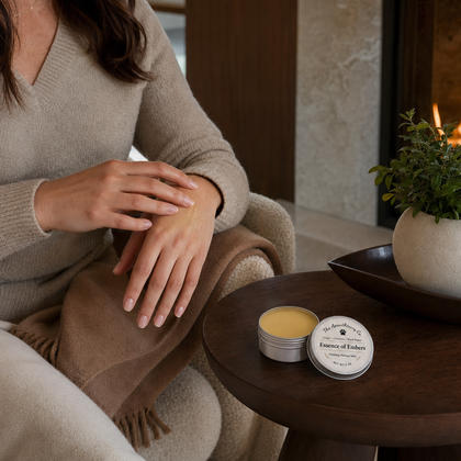 A person in a beige sweater sits indoors beside a small round table holding two open silver jars of balm, one showing pale yellow cream. A potted green plant and warm ambient lighting are visible in the background.