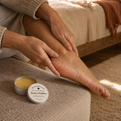 Person massaging Essence of Embers salve into their ankle beside an open tin.