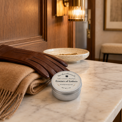 Essence of Embers salve tin on a marble counter in a warm wood-paneled room.