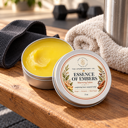 Essence of Embers open salve tin in a realistic post-workout setting.