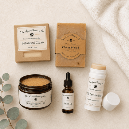 Everything Shower and Aftercare products in a cream flat lay with the square Balanced Clean shampoo bar and kraft box.