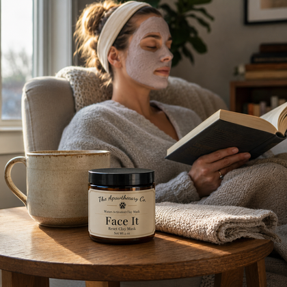 Woman wearing a Face It clay mask while reading beside the jar and a mug.