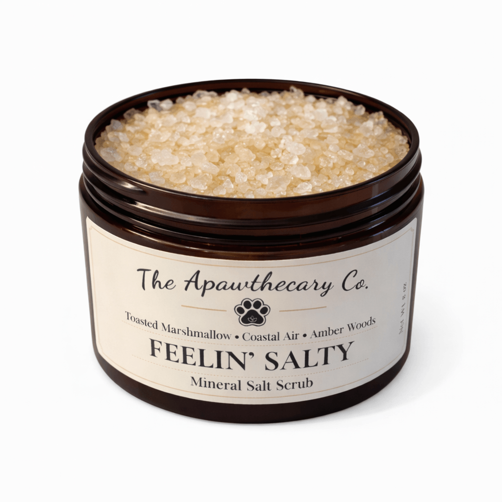 Jar of 'Feelin' Salty' mineral salt scrub from The Apawthecary Co. on a white background