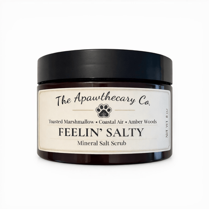 Jar of 'Feelin' Salty' mineral salt scrub from The Apawthecary Co. on a white background