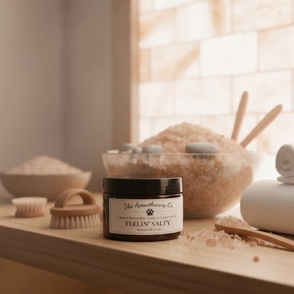 Feelin’ Salty exfoliating salt scrub jar on a spa shelf surrounded by natural salt and grooming tools.