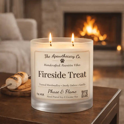 Frosted candle labeled 'Fireside Treat' by The Apothecary Co. on a wooden table with a fireplace in the background.
