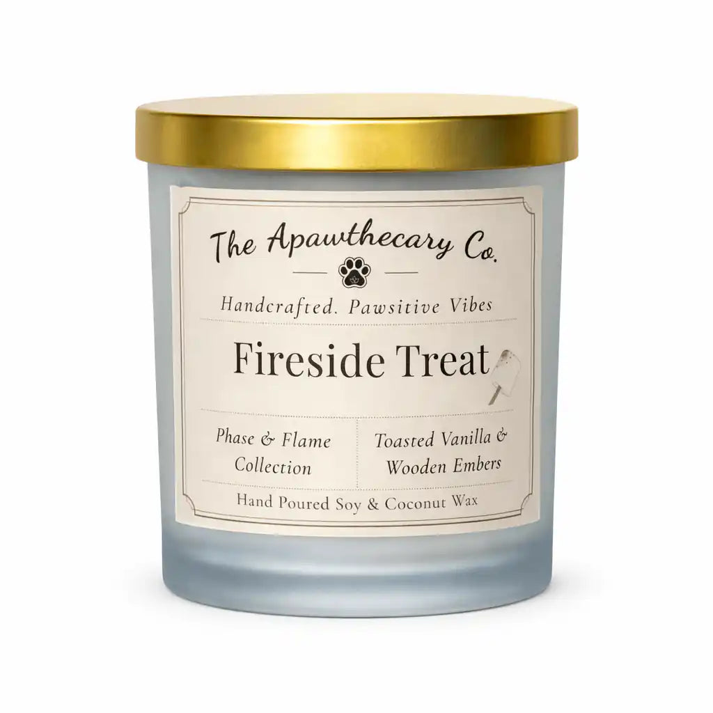 Candle with a label from The Apawthecary Co. on a white background