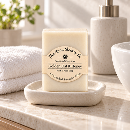 Golden Oat and Honey fragrance-free soap on an ivory bathroom vanity