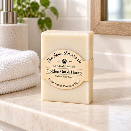 Golden Oat and Honey fragrance-free soap on an ivory bath shelf