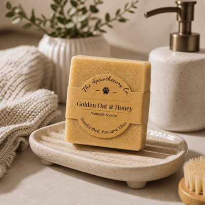 Golden Oat & Honey - Luxury Cold Process Soap - Natural Oat & Honey on a soap dish with a natural decor.