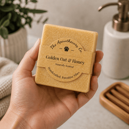 Golden Oat & Honey - Luxury Cold Process Soap - Natural Oat & Honey in a hand, beautifully wrapped with a label.