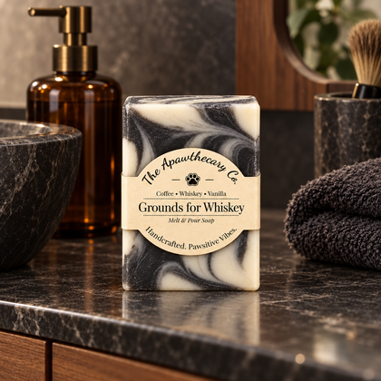 Grounds for Whiskey soap on a dark stone bathroom vanity